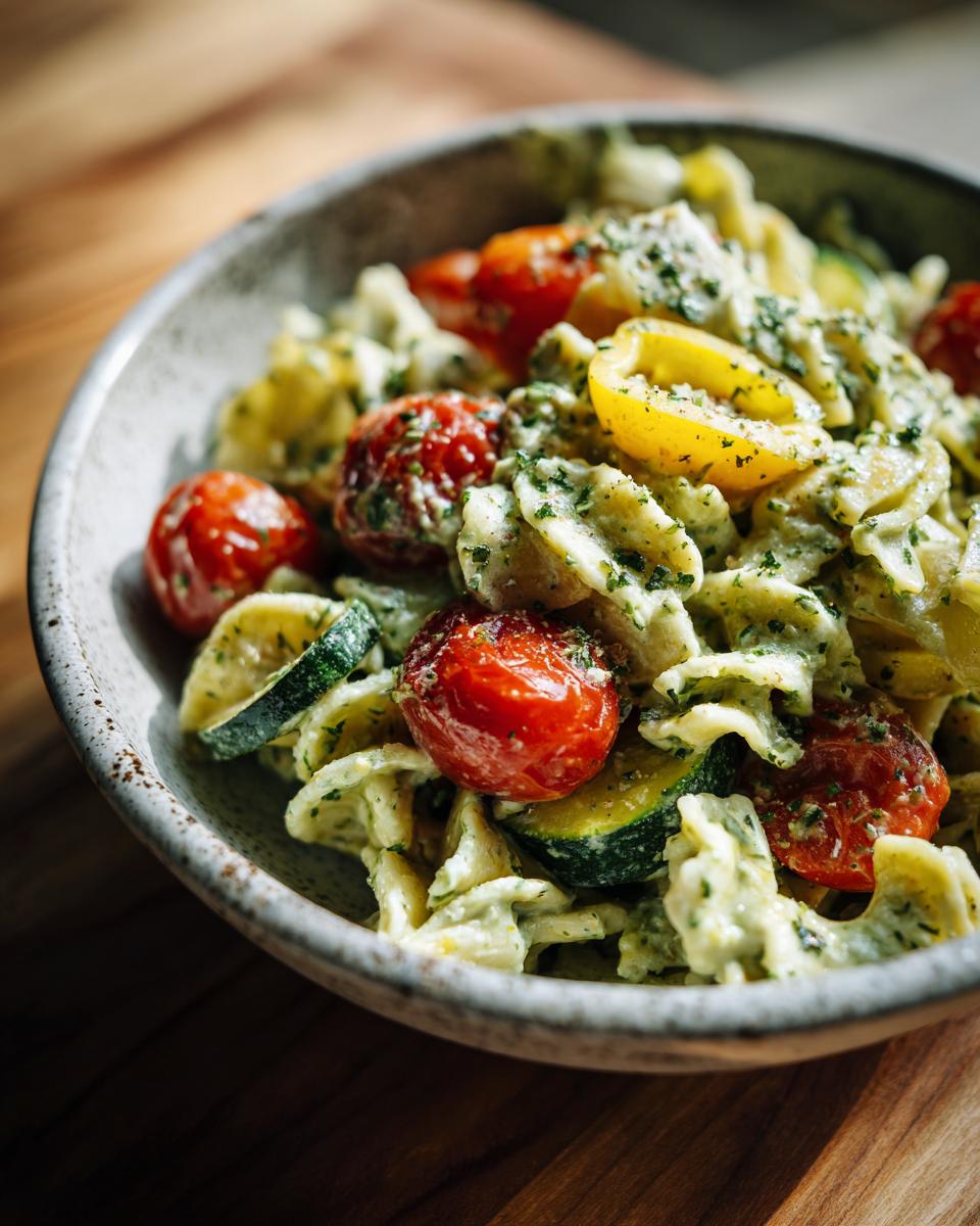 Close-up of pasta salad green goddess with cherry tomatoes and zucchini in a bowl.