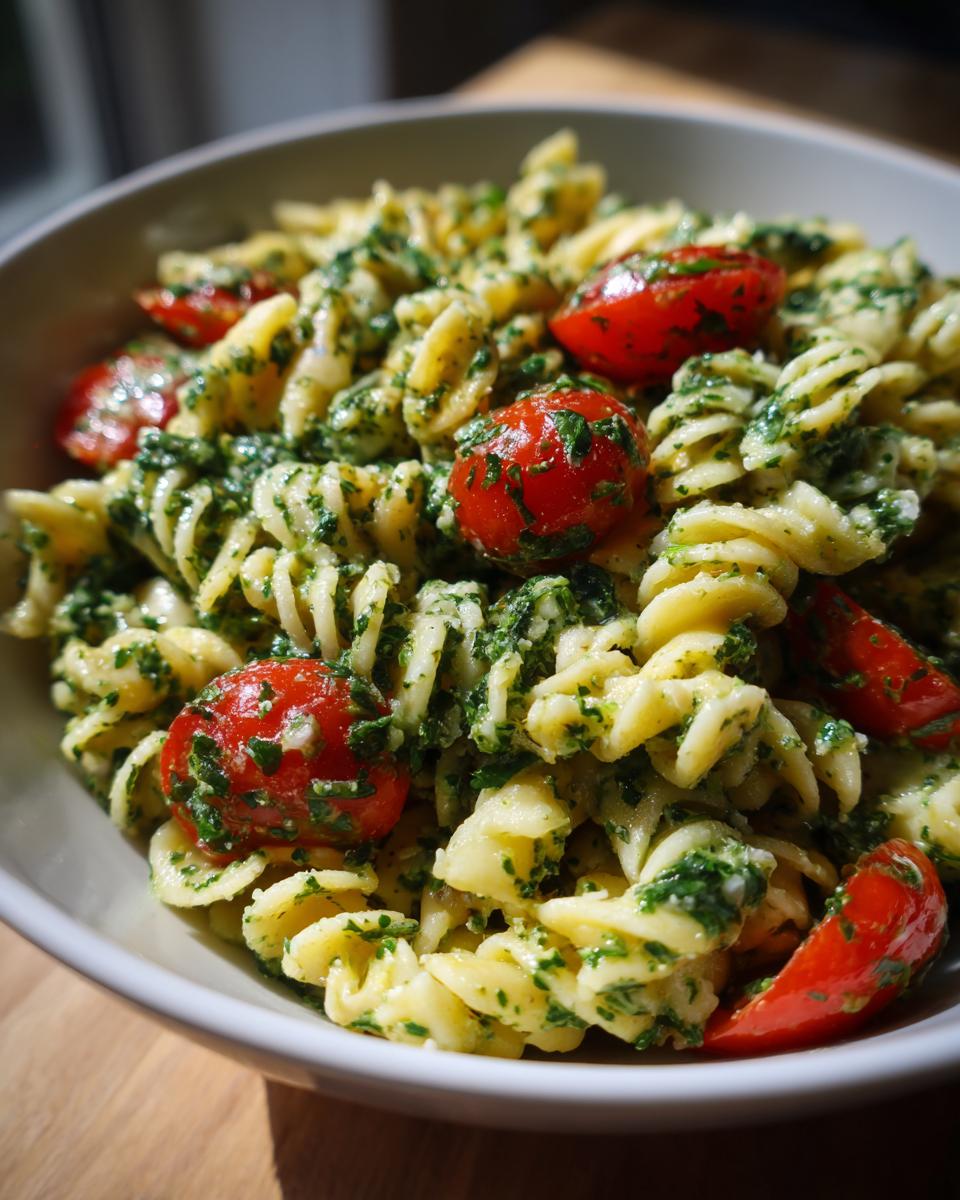 Close-up of pasta salad green goddess with tomatoes in a white bowl. The pasta salad green goddess is vibrant and fresh.