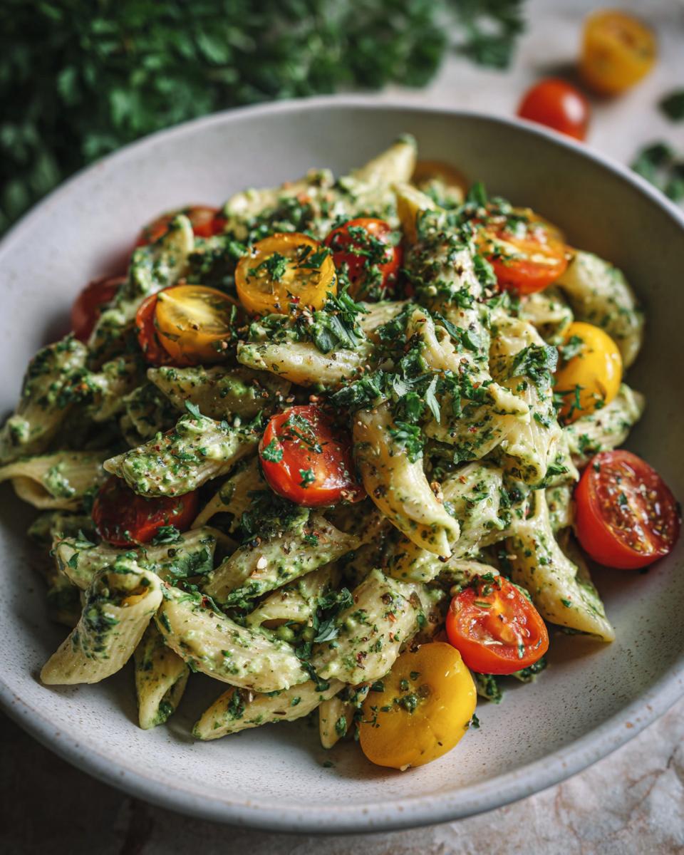 Close-up of a bowl of pasta salad green goddess with cherry tomatoes and herbs. The pasta salad green goddess recipe is fresh and vibrant.
