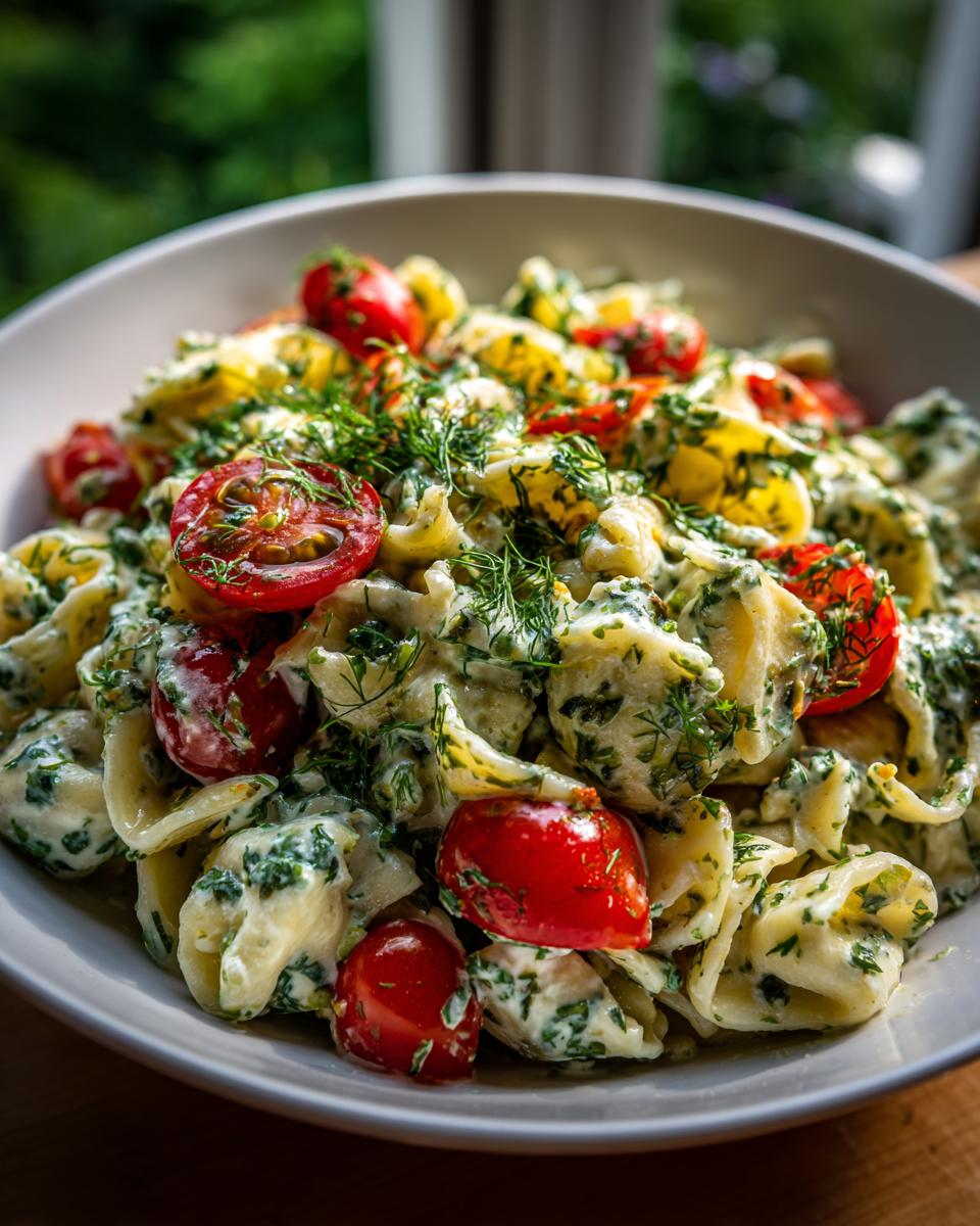 Close-up of pasta salad green goddess with tomatoes and fresh herbs. This pasta salad green goddess is a delicious and healthy meal.