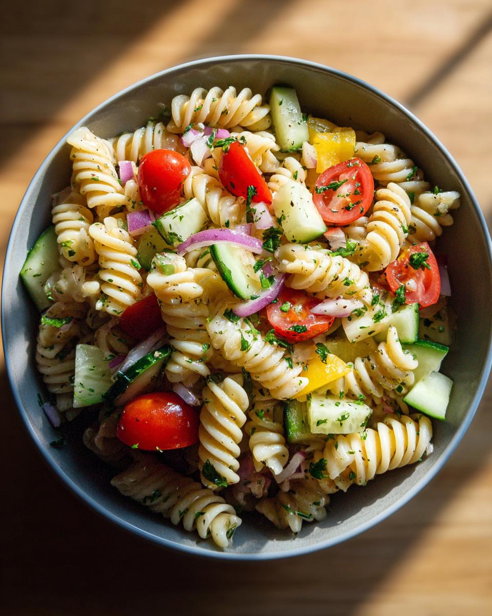 A vibrant bowl of pasta salad healthy recipes with tomatoes, cucumber, and red onion.