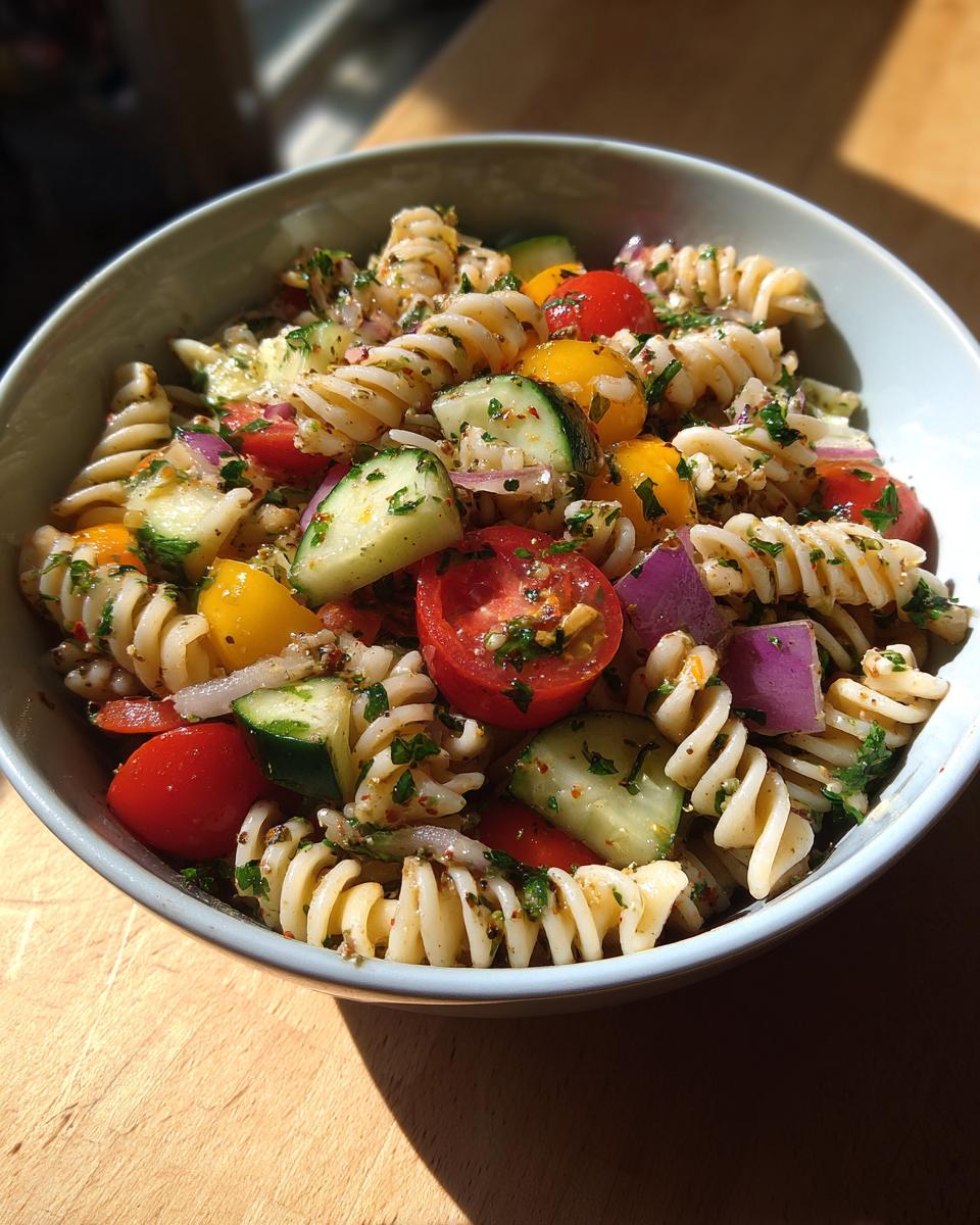 Close-up of a bowl of pasta salad healthy recipes with tomatoes, cucumbers, and red onion.