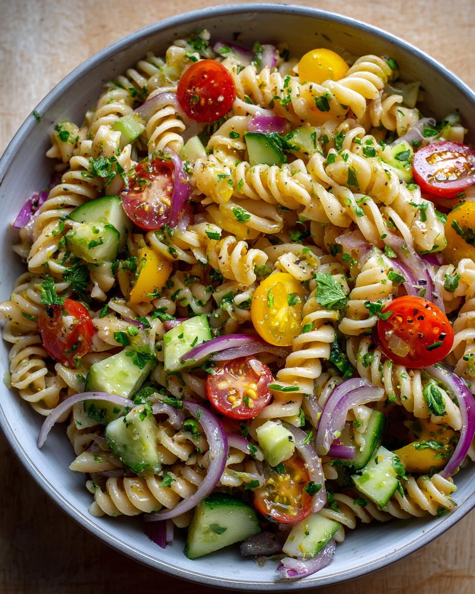 Close-up of a pasta salad healthy recipes with tomatoes, cucumbers, and red onion.