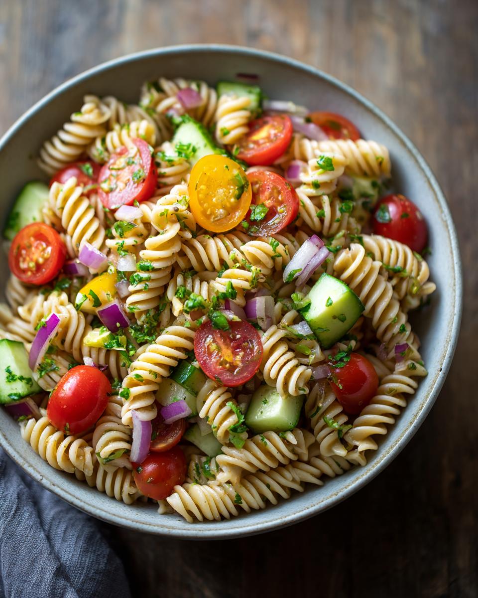 Overhead shot of a vibrant pasta salad healthy recipes with tomatoes, cucumber, and red onion.