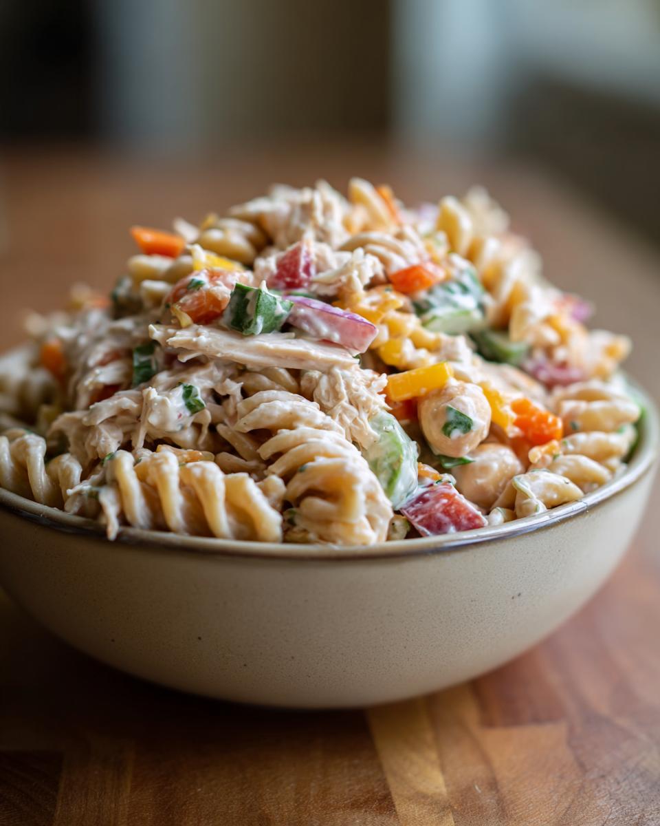 Close-up of a bowl of pasta salad high protein with rotini pasta, vegetables, and chicken.