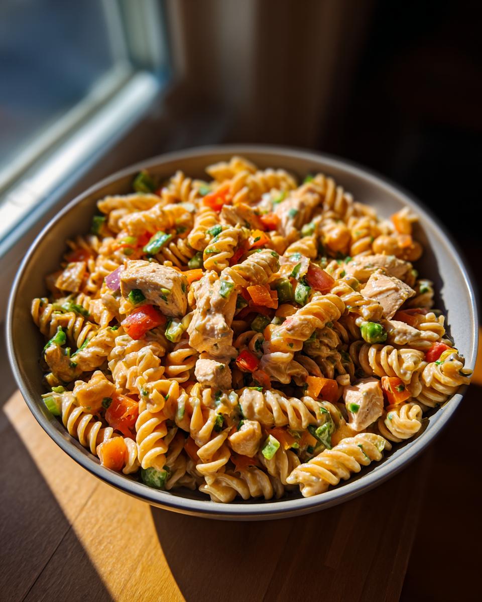Close-up of a bowl of pasta salad high protein with chicken and vegetables.