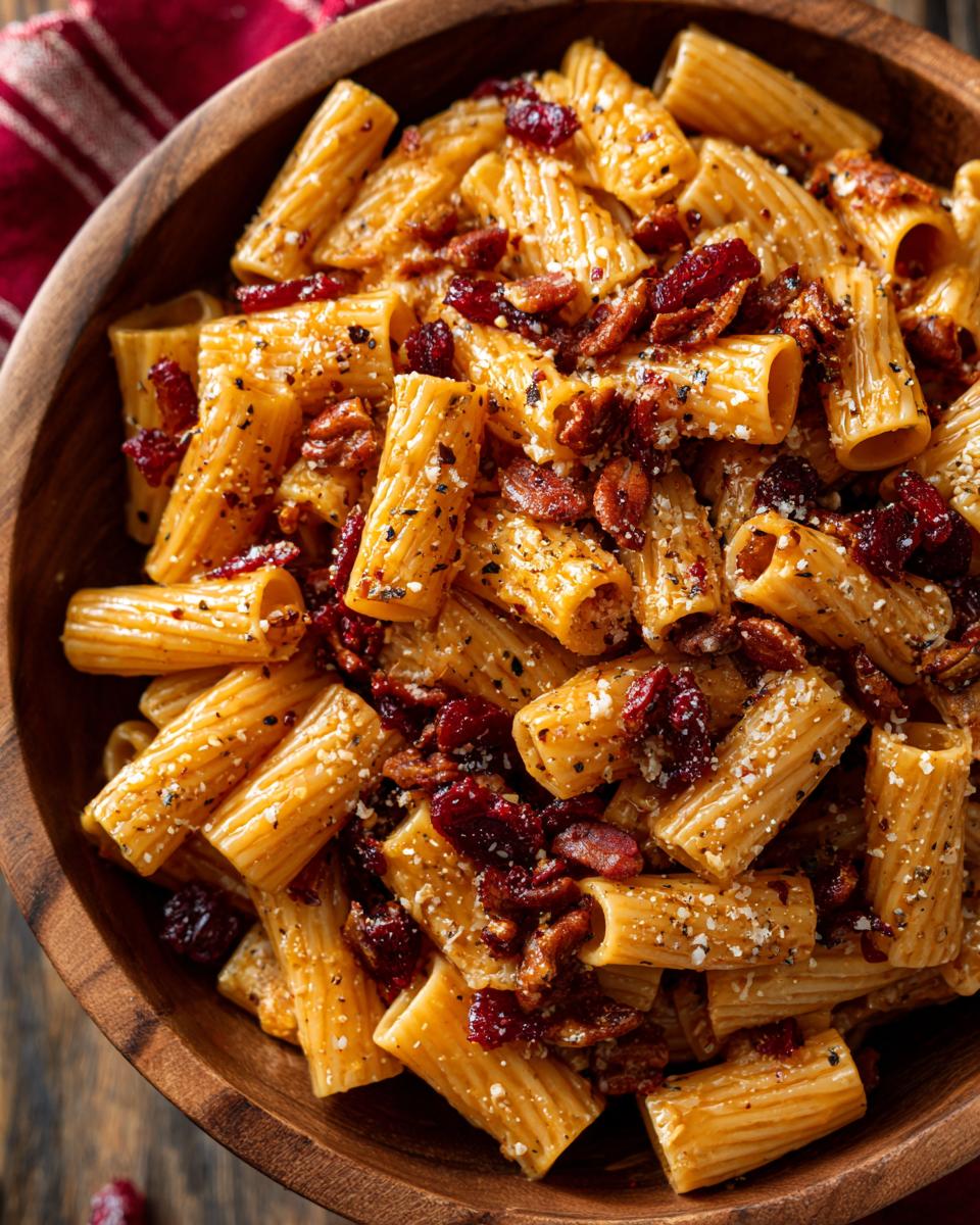 Close-up of a pasta salad high protein with rigatoni pasta, bacon, and cheese in a wooden bowl.