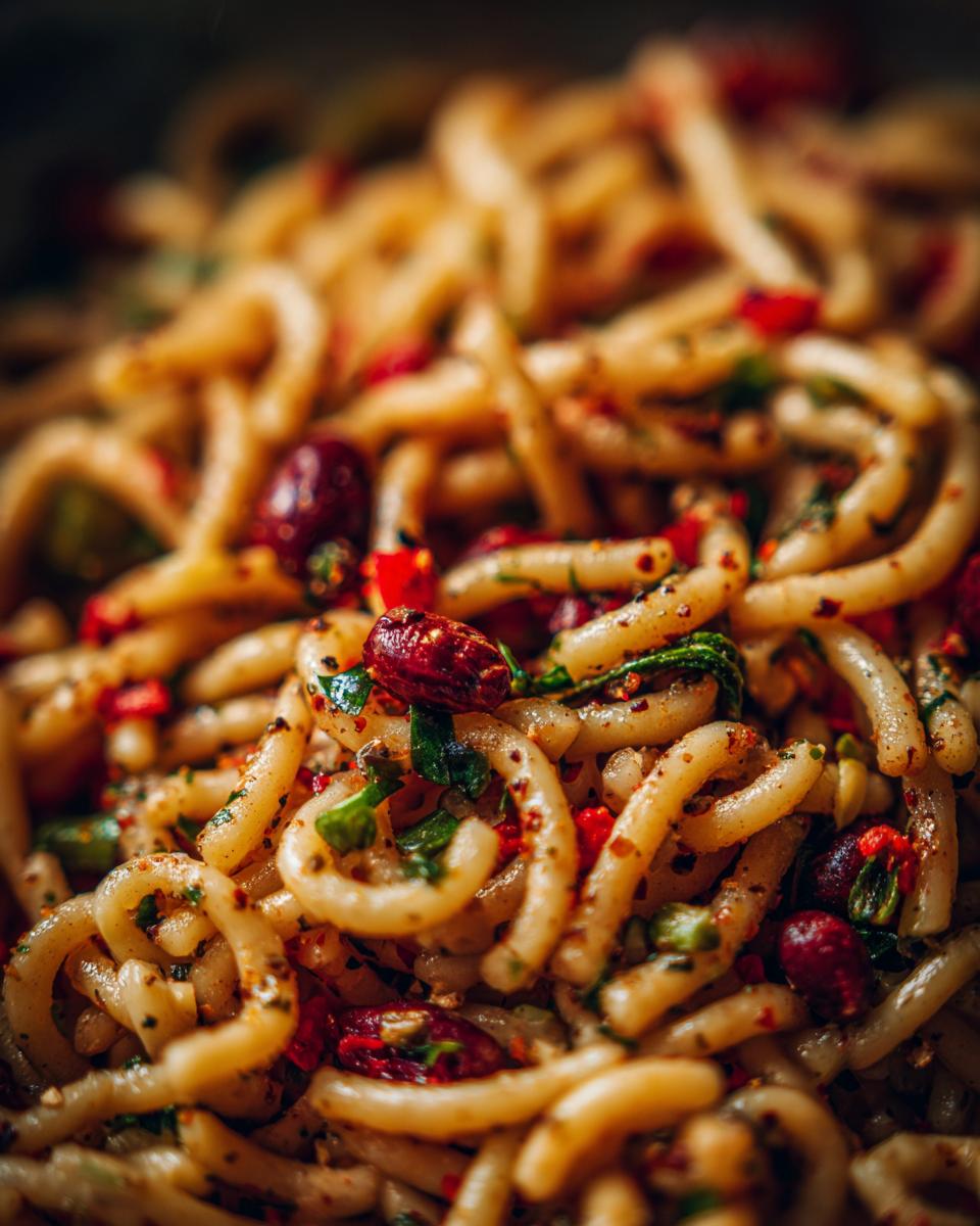 Close-up of a pasta salad high protein with pasta, beans, and herbs.