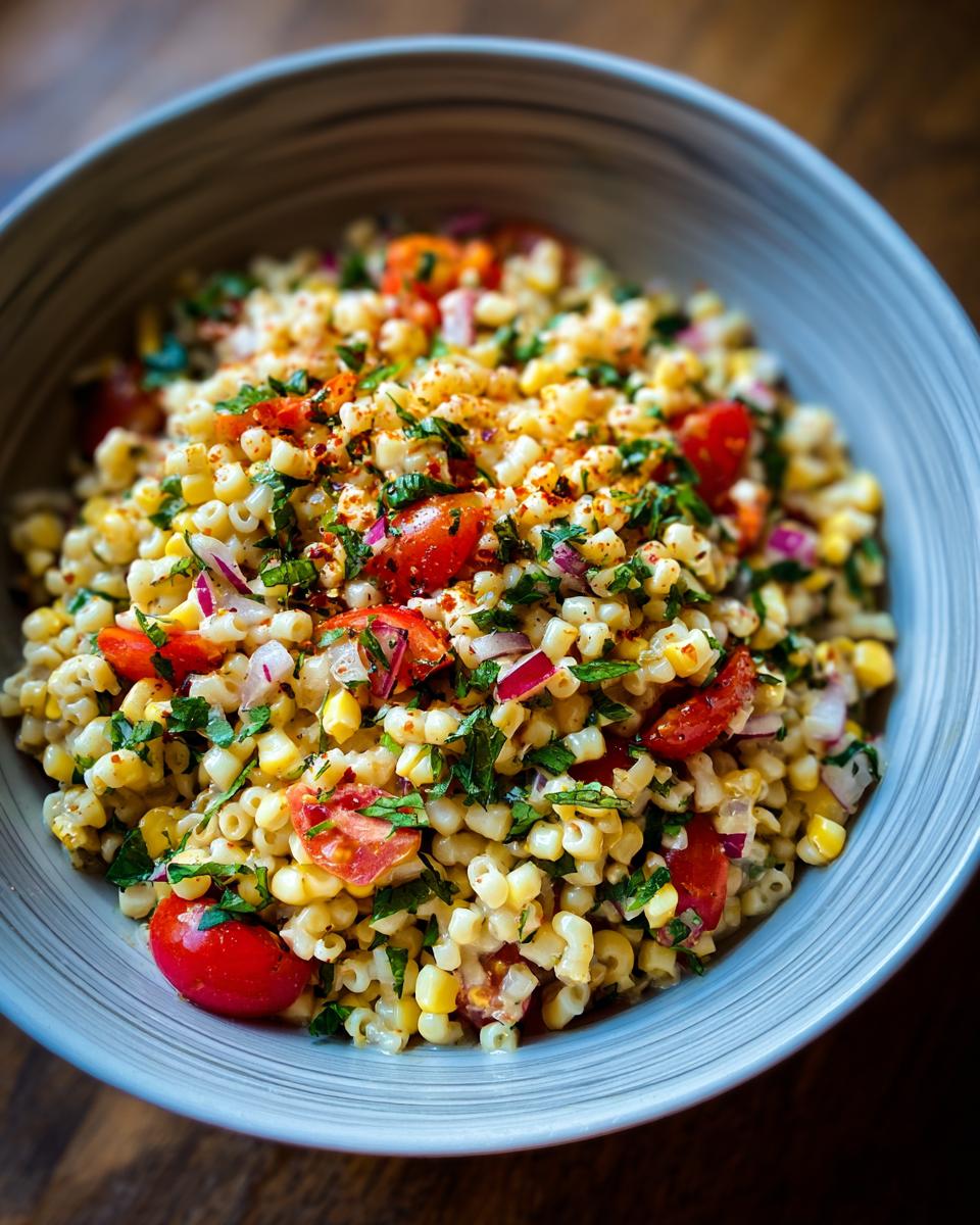 Close-up of a pasta salad high protein with corn, tomatoes, red onion, and herbs in a bowl.