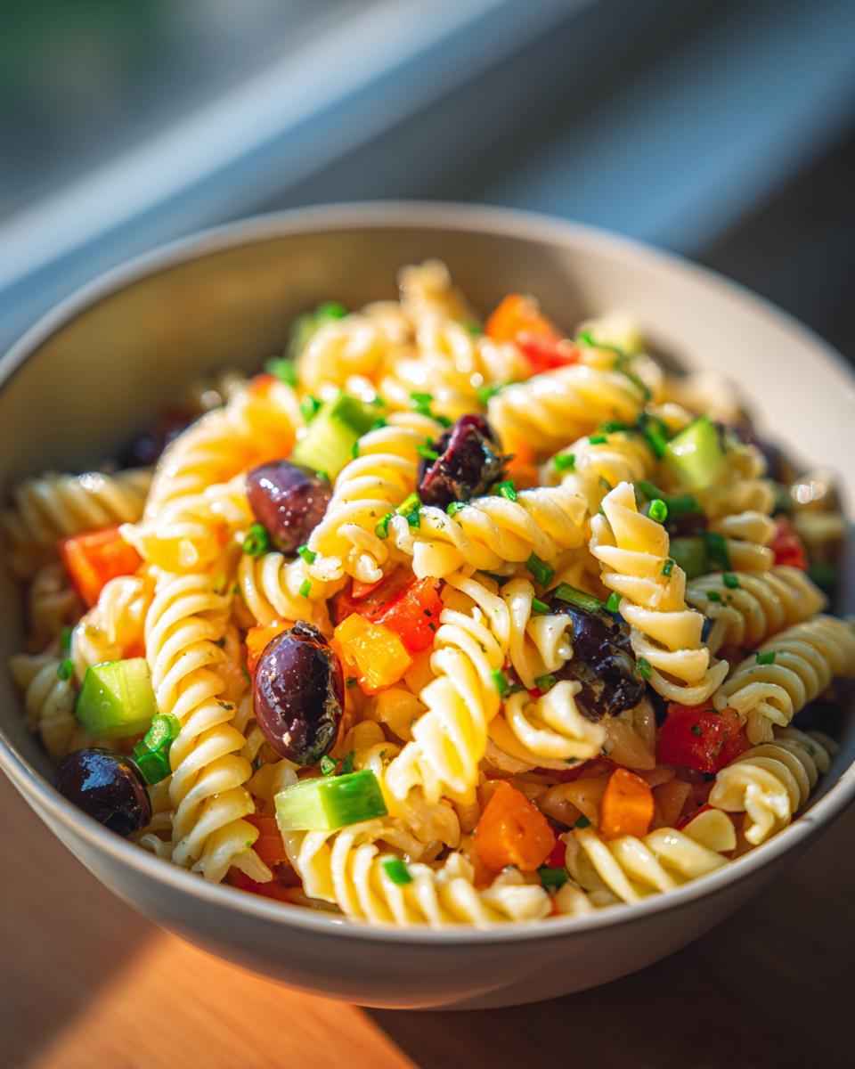 Close-up of a bowl of pasta salad no cheese with olives, vegetables, and herbs.