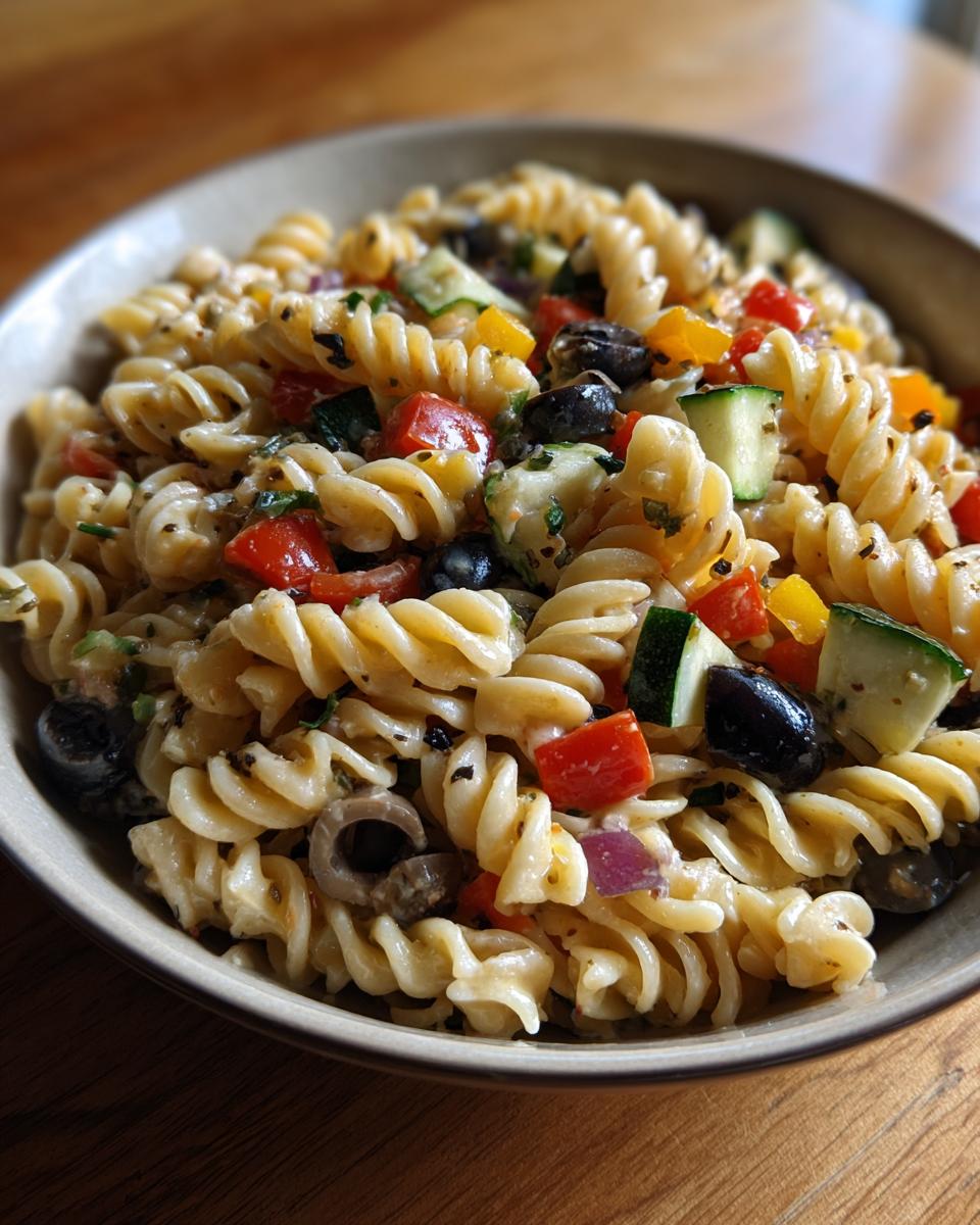 Close-up of a pasta salad no cheese with fusilli pasta, vegetables, and olives in a bowl.