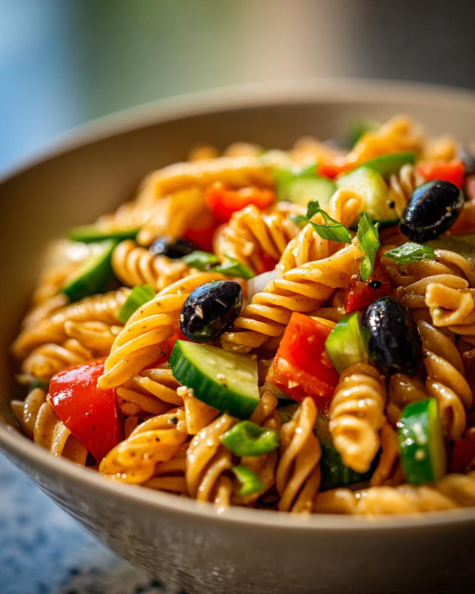 Close-up of a bowl of pasta salad no cheese with tomatoes, cucumbers, and olives.