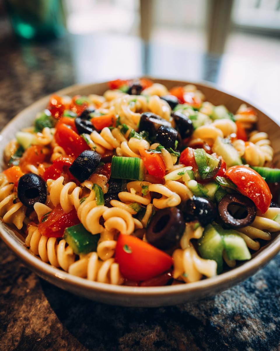 Close-up of a vibrant pasta salad no cheese with olives, tomatoes, and cucumbers in a bowl.