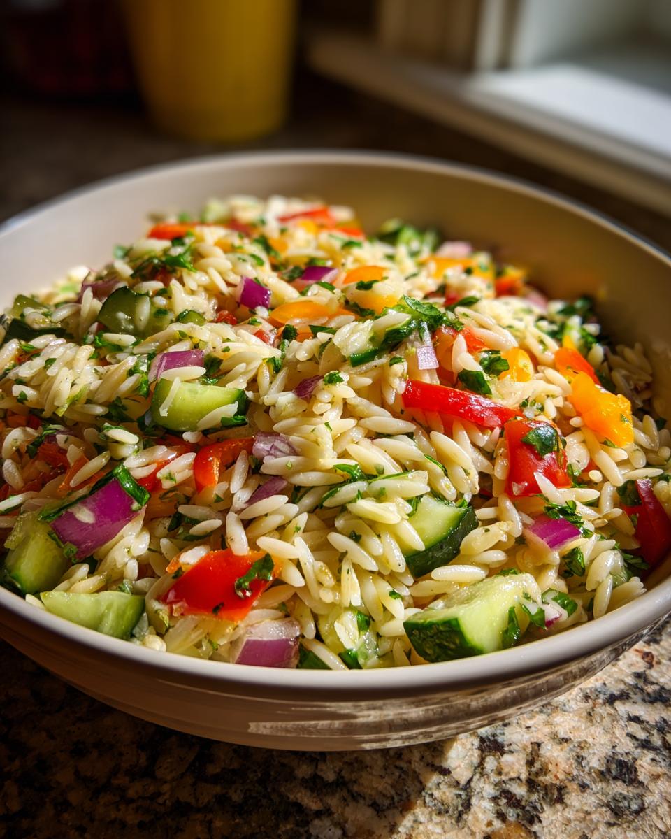 A bowl of fresh pasta salad orzo with cucumbers, bell peppers, and red onion.