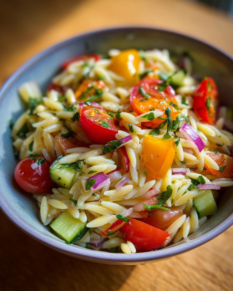 Close-up of a bowl of pasta salad orzo with cherry tomatoes, cucumbers, and red onion.