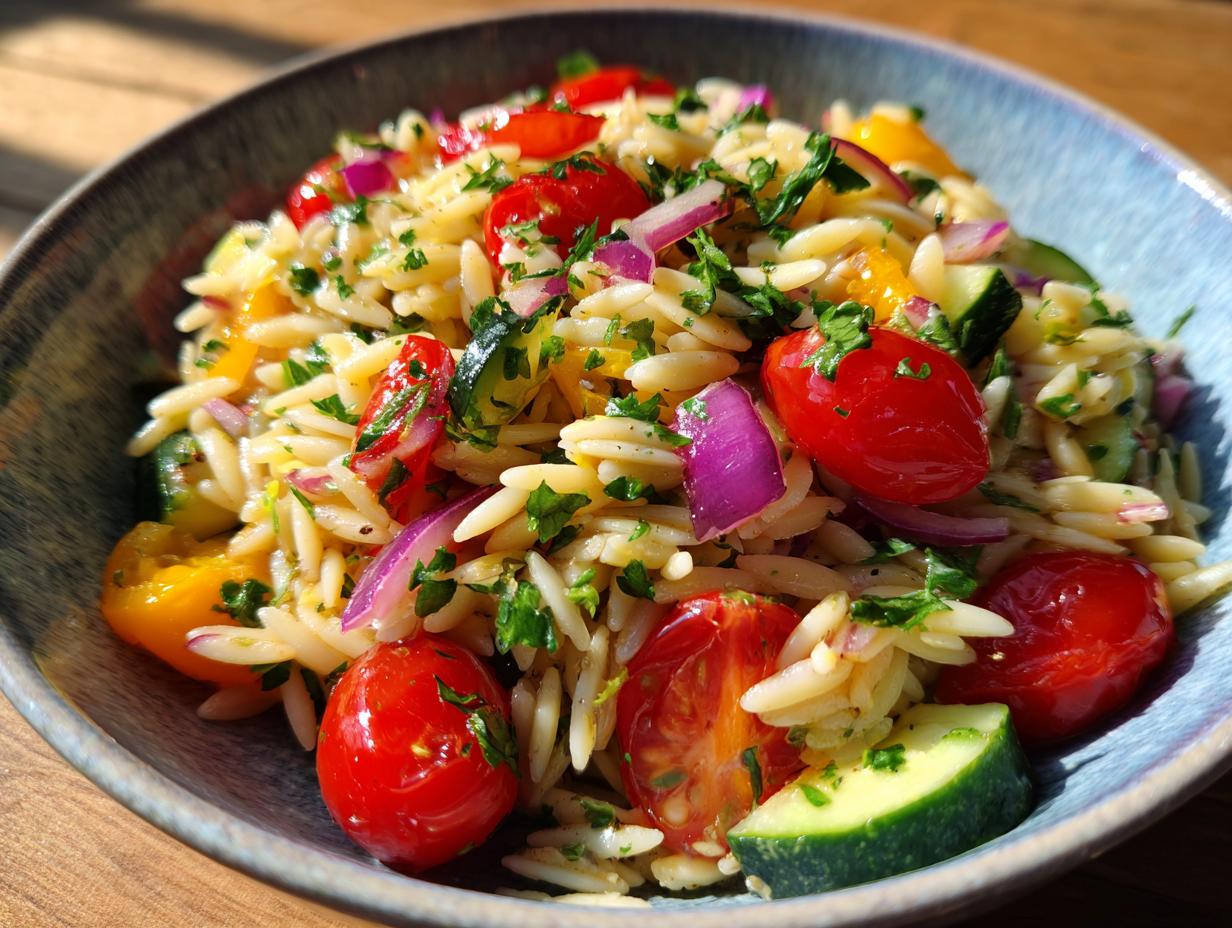 A vibrant pasta salad orzo with cherry tomatoes, red onion, cucumber, and herbs in a bowl.