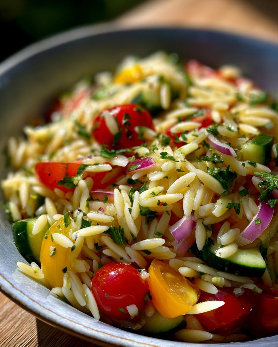 Close-up of a bowl of pasta salad orzo with cherry tomatoes, cucumber, and red onion.