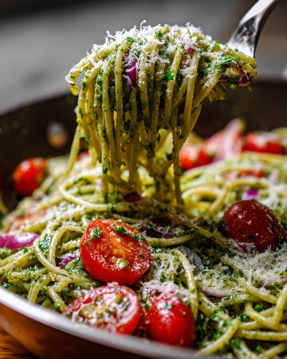 Close-up of pasta salad pesto with cherry tomatoes and parmesan cheese.