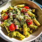 Delicious pasta salad pesto with cherry tomatoes, red onion, and parmesan cheese.