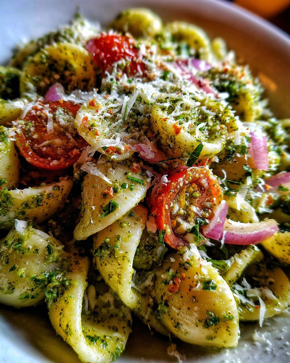 Close-up of pasta salad pesto with tomatoes, red onion, and parmesan cheese.
