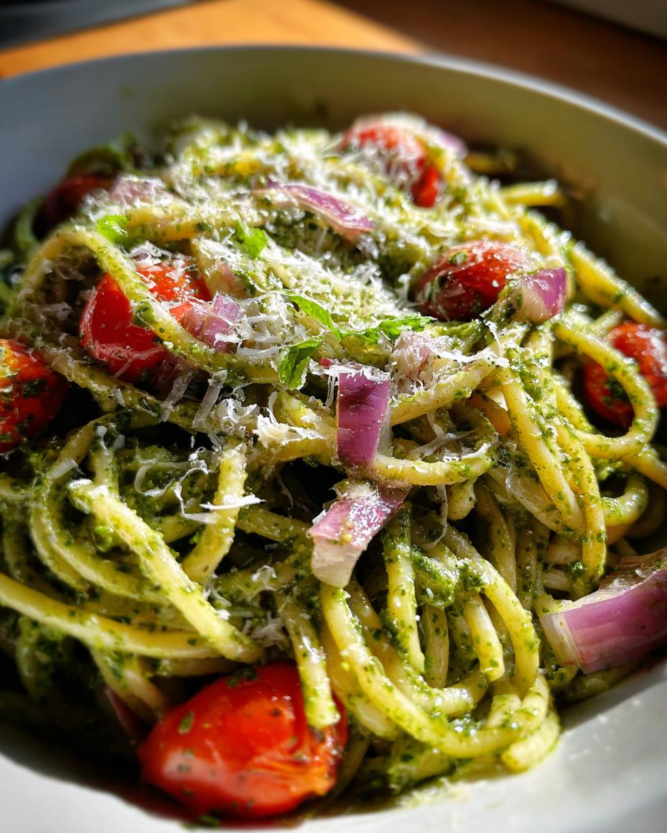 Close-up of pasta salad pesto with cherry tomatoes, red onion, and parmesan cheese.