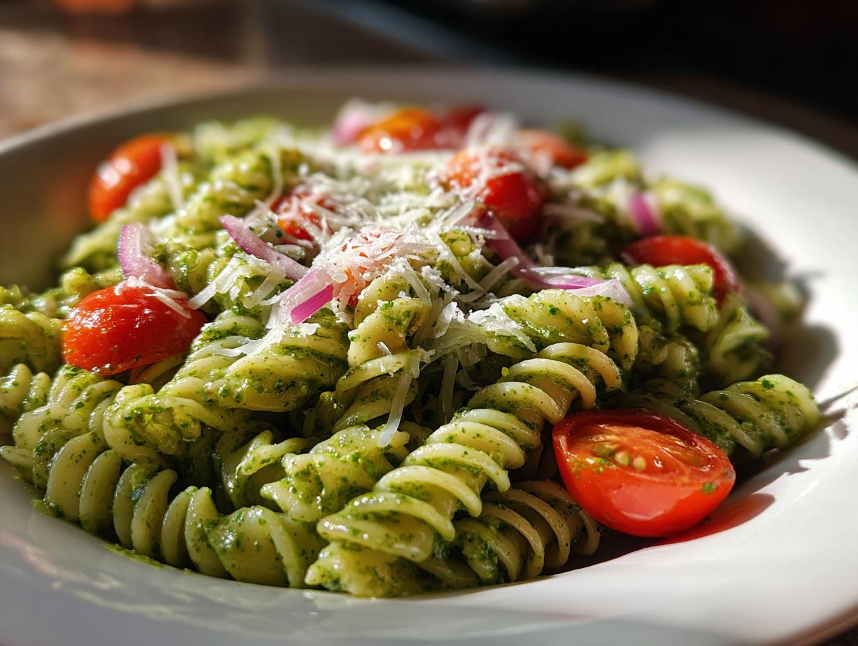 Close-up of pasta salad pesto with cherry tomatoes, red onion, and parmesan cheese. The pasta salad pesto is in a white bowl.