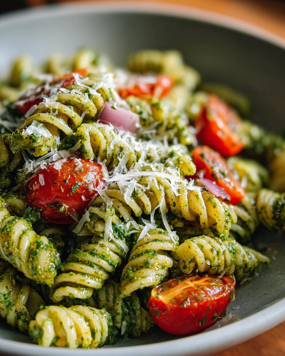 Close-up of pasta salad pesto with tomatoes, red onion, and parmesan cheese.