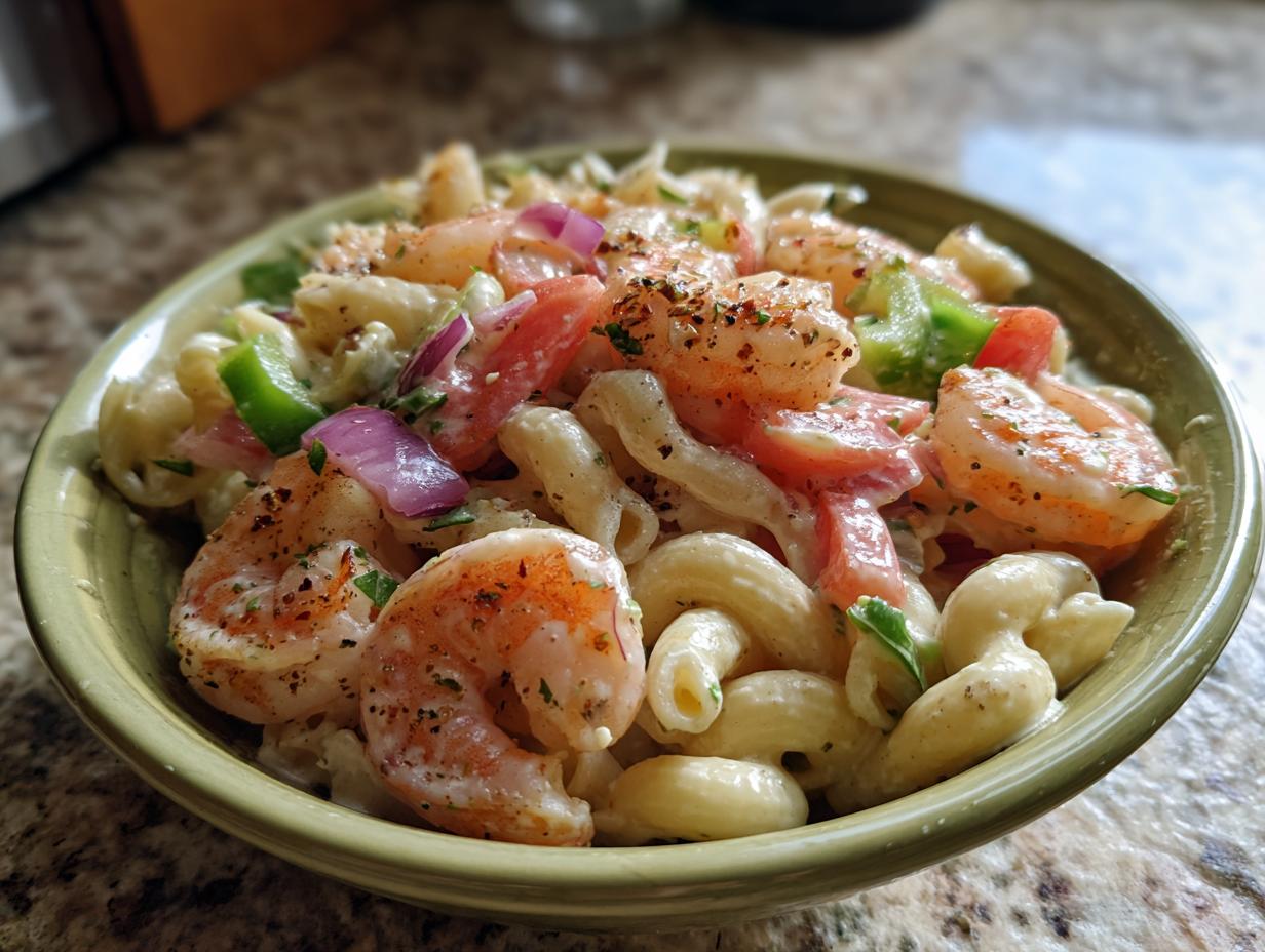 Close-up of a bowl of pasta salad shrimp with macaroni, shrimp, tomatoes, and vegetables.