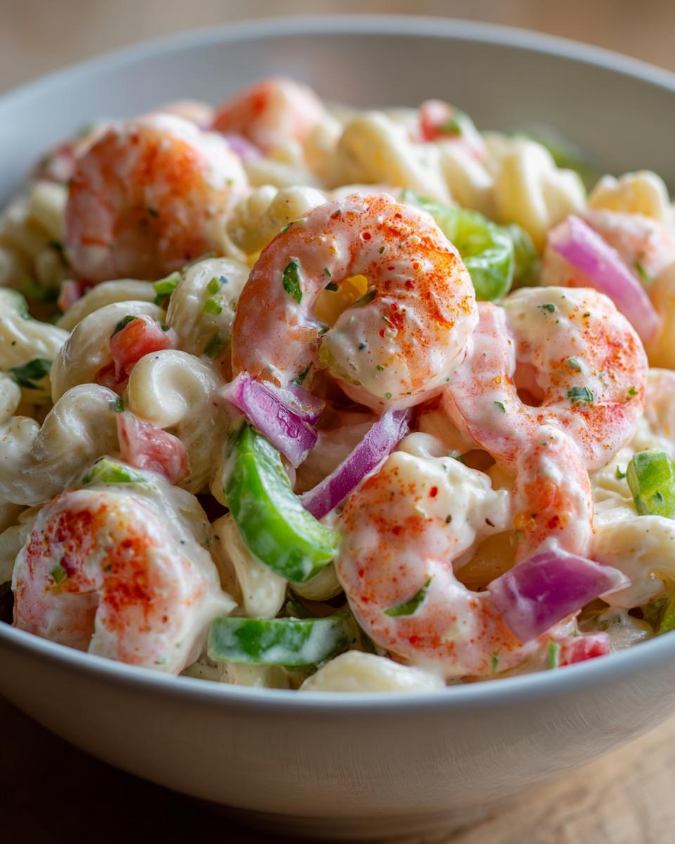 Close-up of a bowl of creamy pasta salad shrimp with shrimp, pasta, and vegetables.