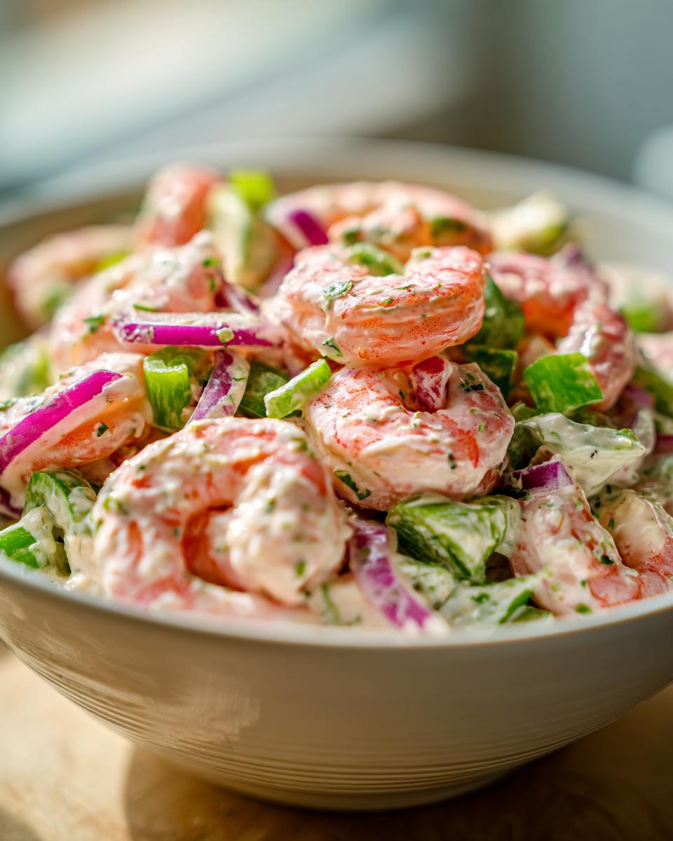Close-up of a bowl filled with delicious pasta salad shrimp, including shrimp, red onion, and green peppers.