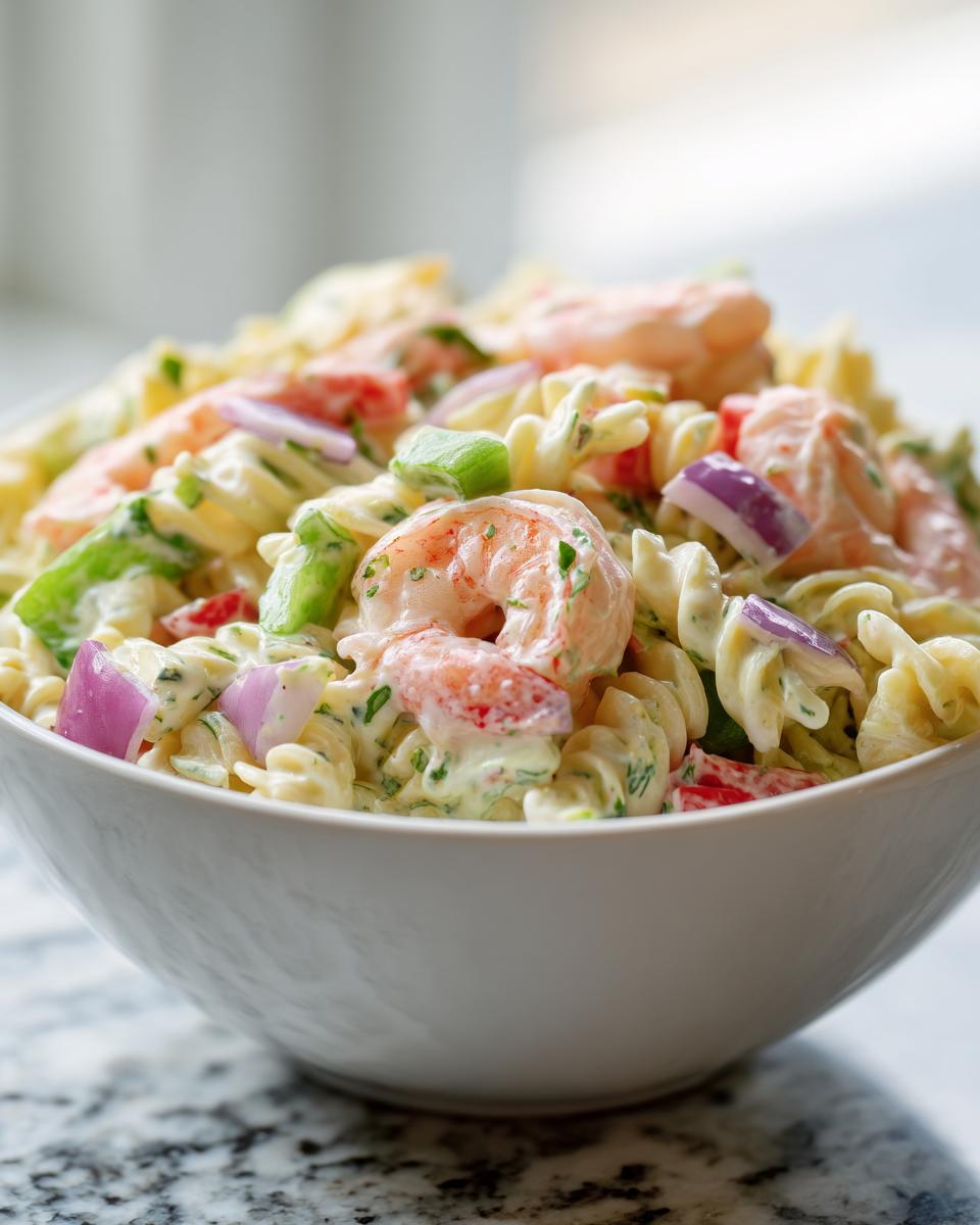 Close-up of a bowl filled with delicious pasta salad shrimp, including shrimp, pasta, and vegetables.