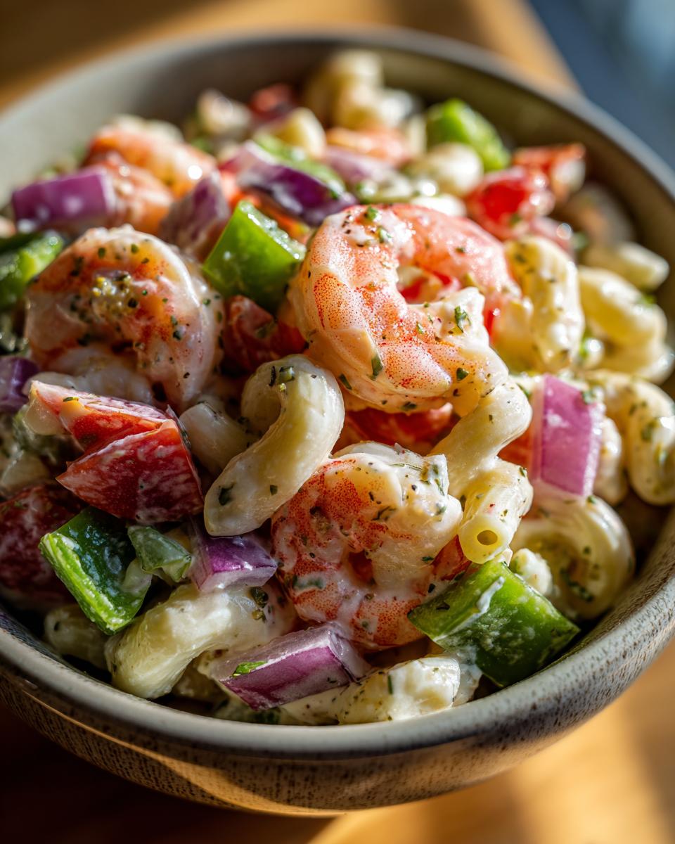 Close-up of a bowl filled with pasta salad shrimp, including shrimp, vegetables, and pasta.