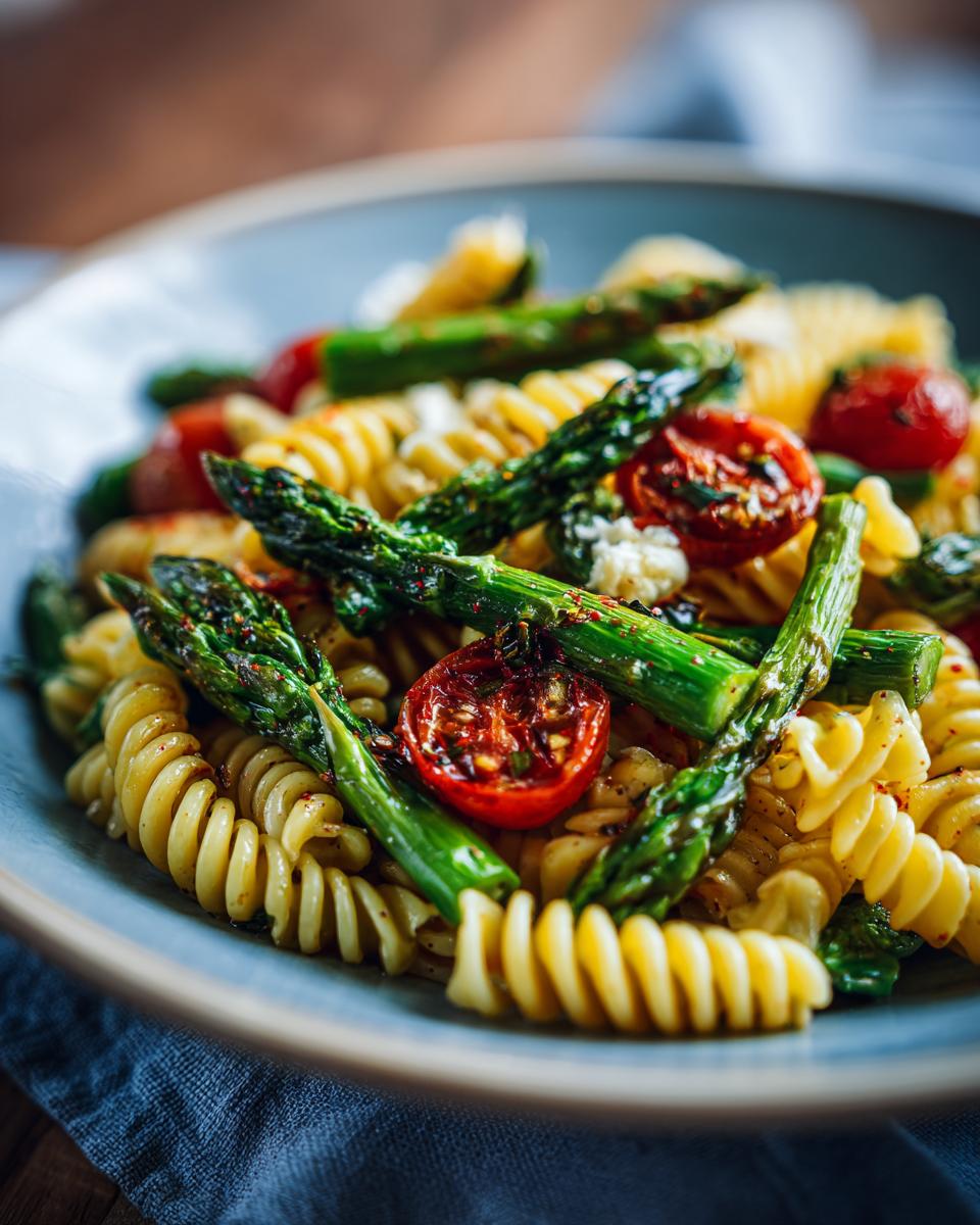 Close-up of a pasta salad spring with fusilli pasta, asparagus, and roasted tomatoes.