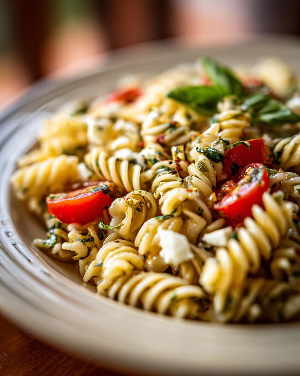 Close-up of a pasta salad spring with fusilli pasta, cherry tomatoes, basil, and cheese.