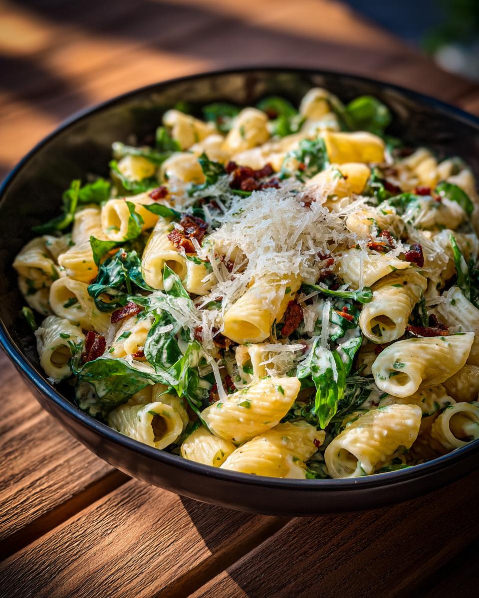 Close-up of a bowl of pasta salad spring with spinach, cheese, and bacon.
