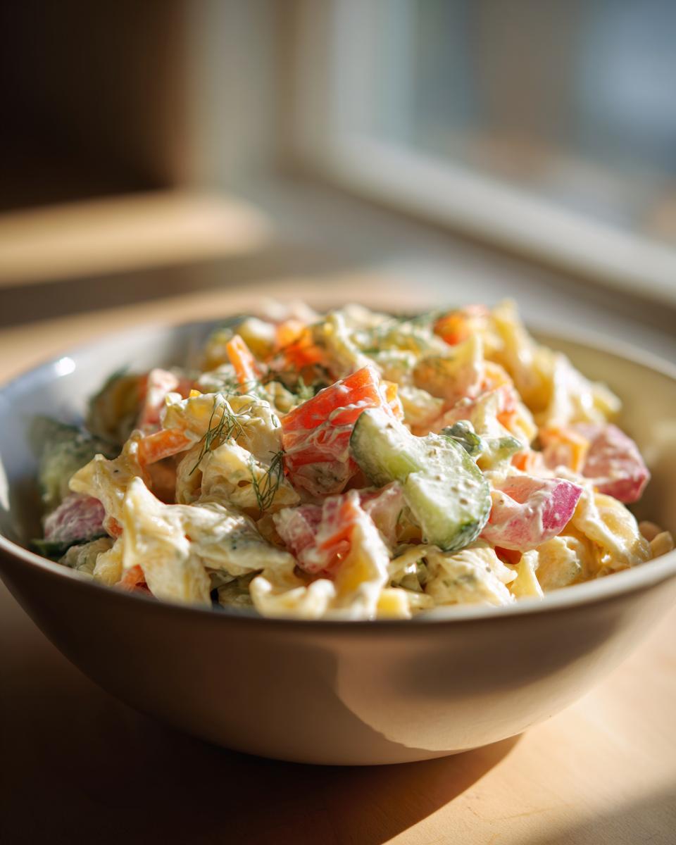 Close-up of a bowl of pasta salad that keeps well, with colorful vegetables and creamy dressing.
