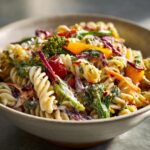 Close-up of a bowl of pasta salad that keeps well, featuring rotini pasta and fresh vegetables.