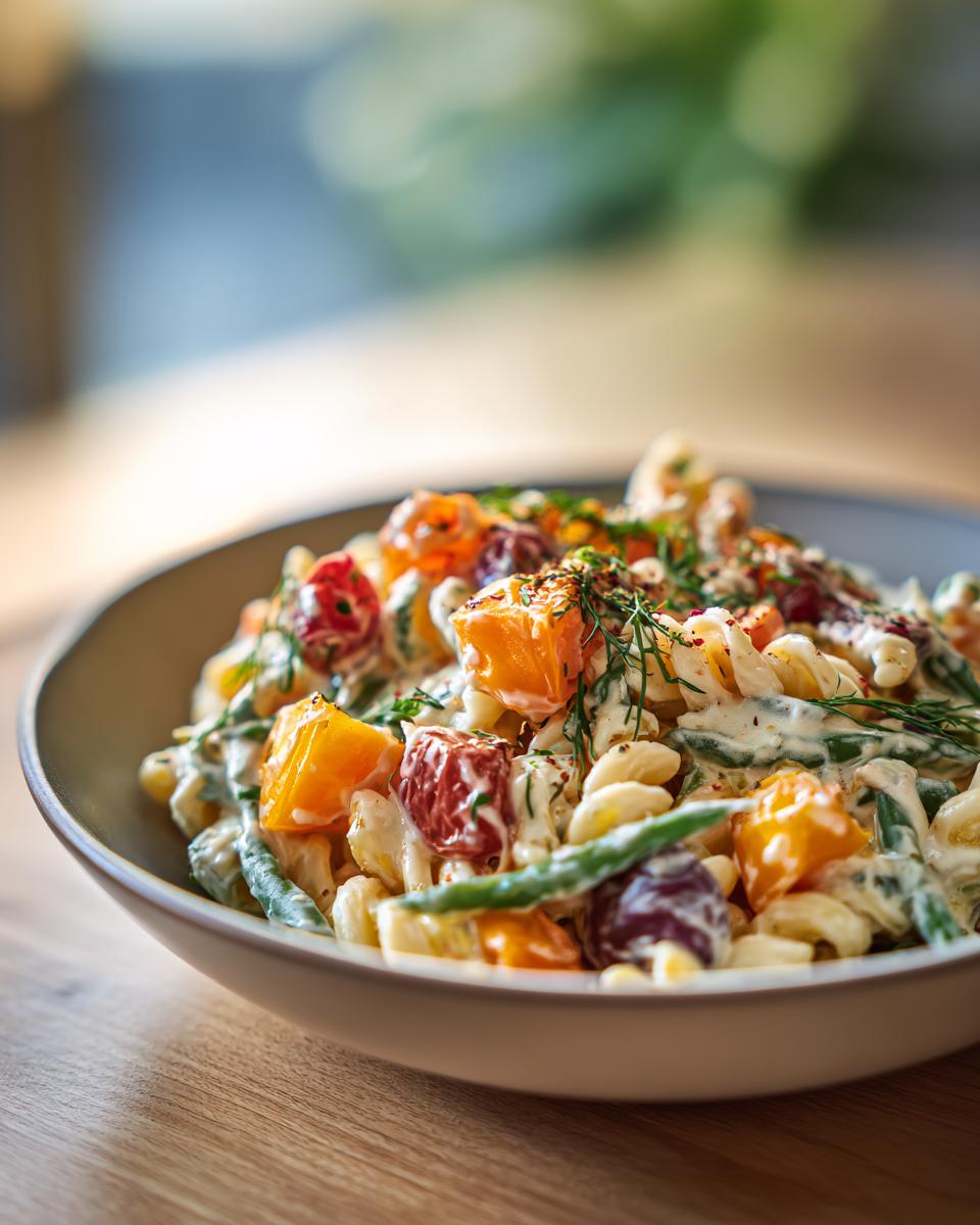 Close-up of a pasta salad that keeps well in a bowl, with vegetables and creamy dressing. The pasta salad that keeps well is on a wooden table.