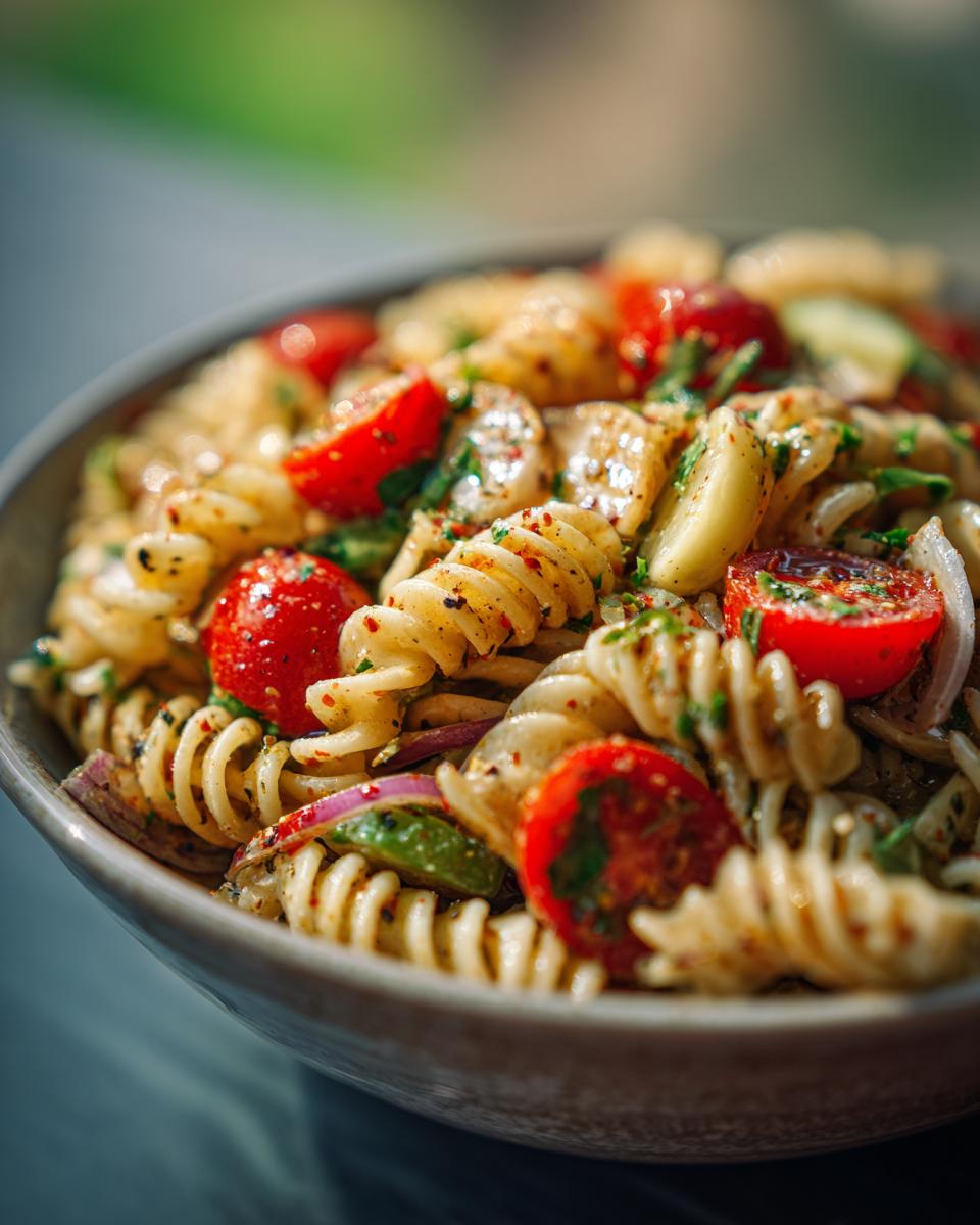 Close-up of a pasta salad that keeps well, with tomatoes, onions, and herbs.