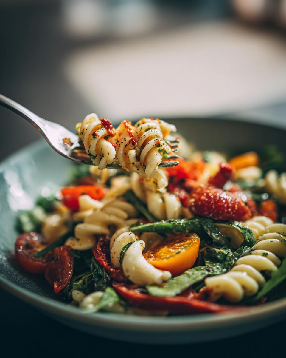 Close-up of pasta salad that keeps well with tomatoes, herbs, and fusilli pasta on a fork.