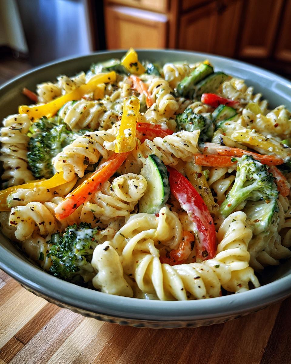 Close-up of a bowl of pasta salad that keeps well with rotini pasta and colorful vegetables.