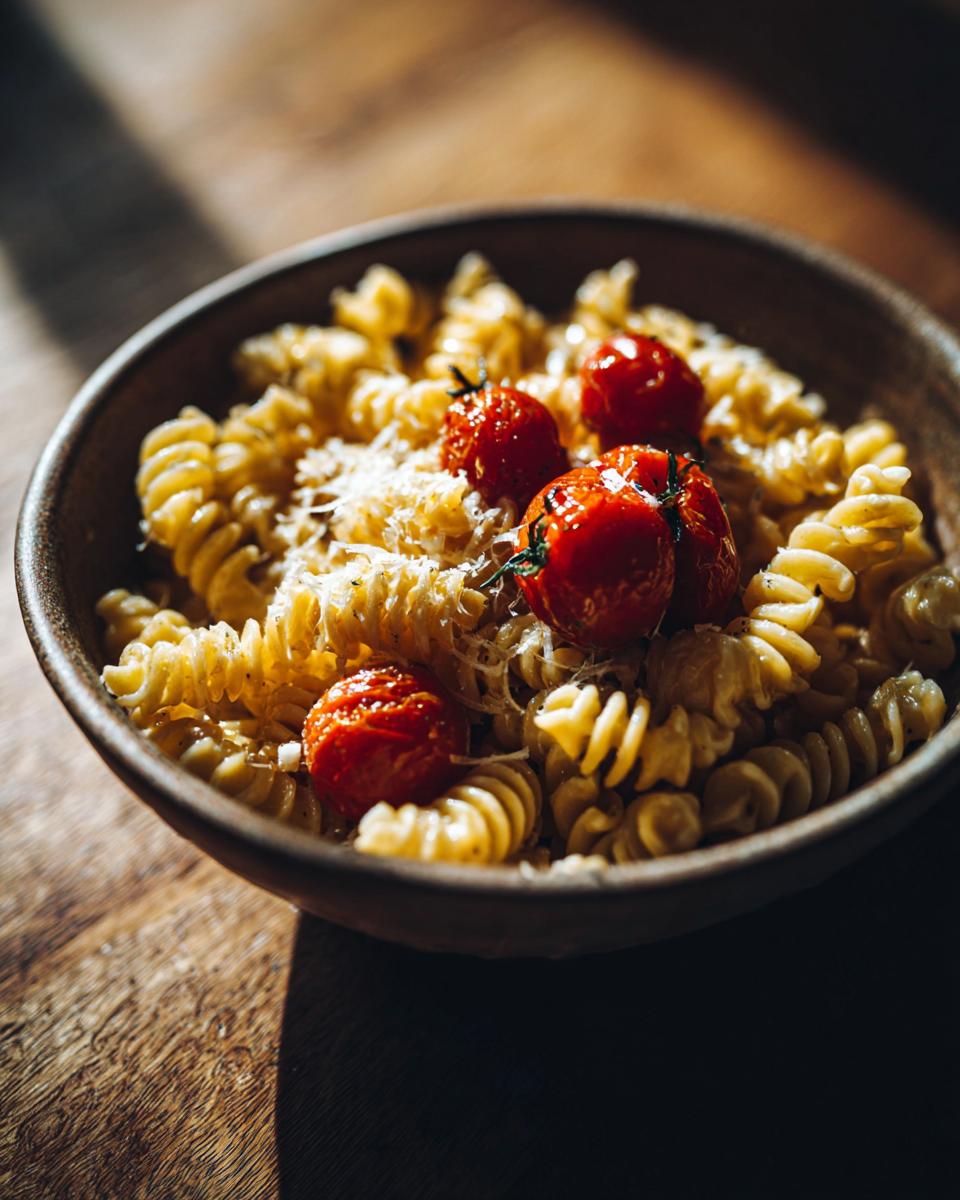 Close-up of a pasta salad that keeps well with roasted tomatoes and cheese in a wooden bowl.