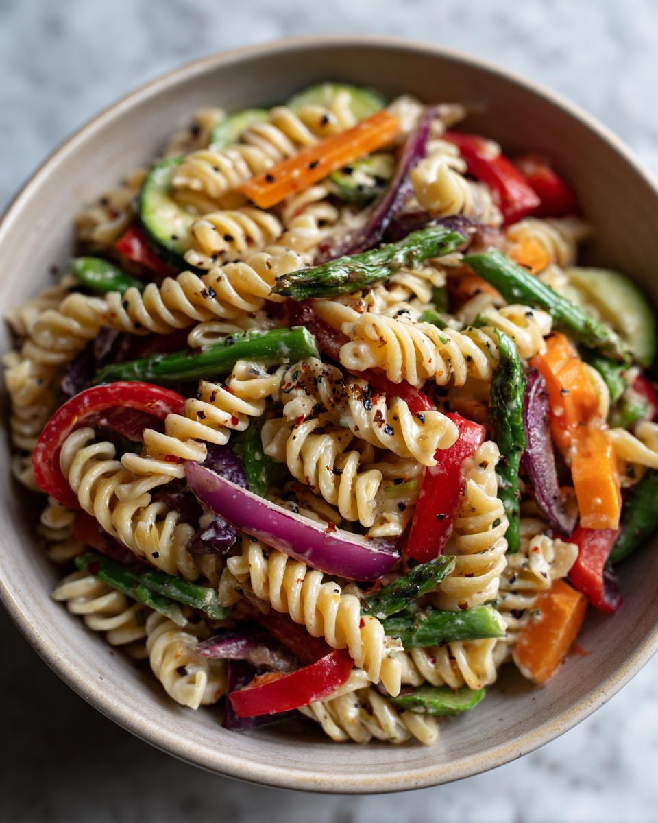 Close-up of a pasta salad that keeps well with rotini, vegetables, and dressing.