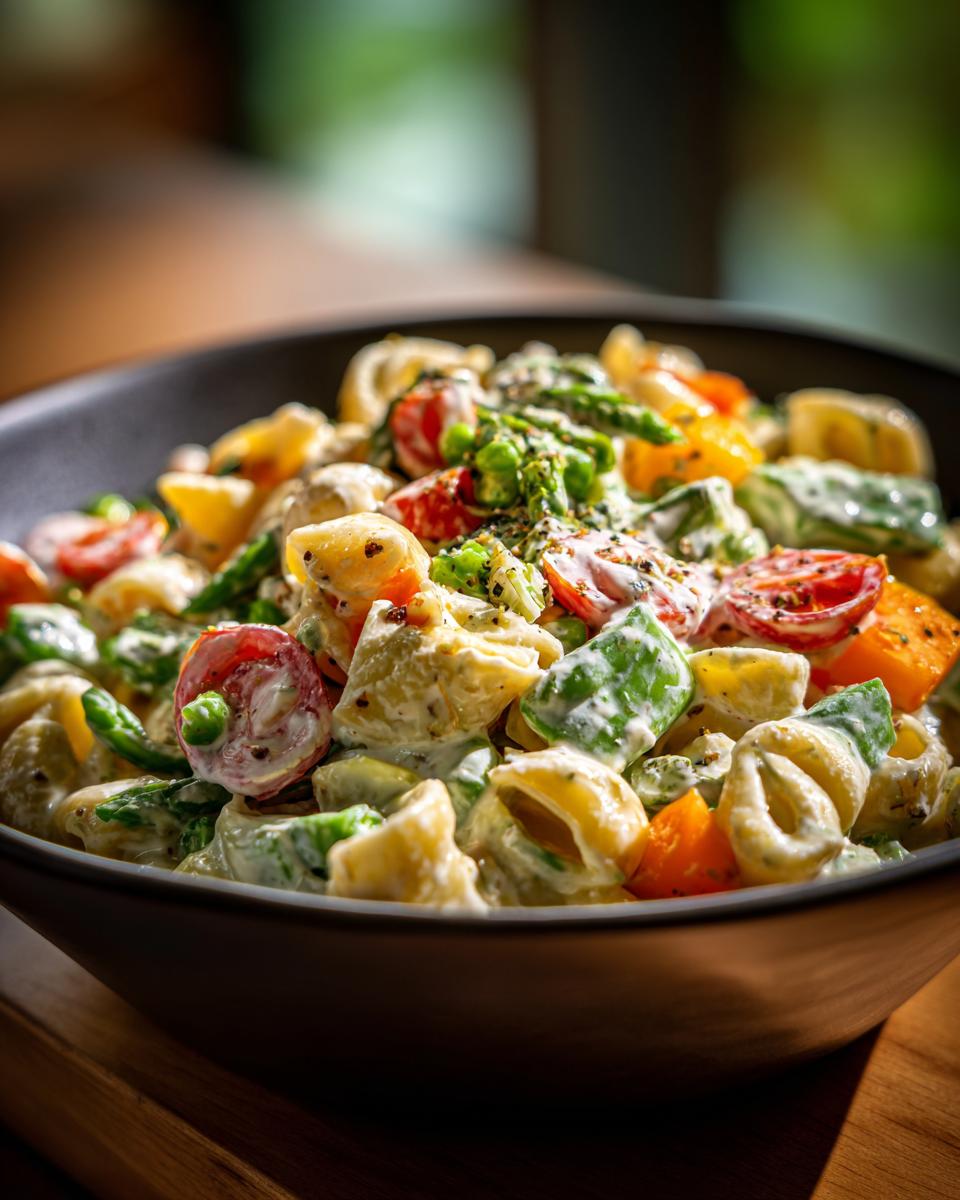 Close-up of a bowl of pasta salad with tomatoes, peas, asparagus, and a creamy dressing. Learn how do you make pasta salad.