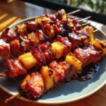 Close-up of delicious Pineapple BBQ Pork Skewers on a plate, ready to eat.