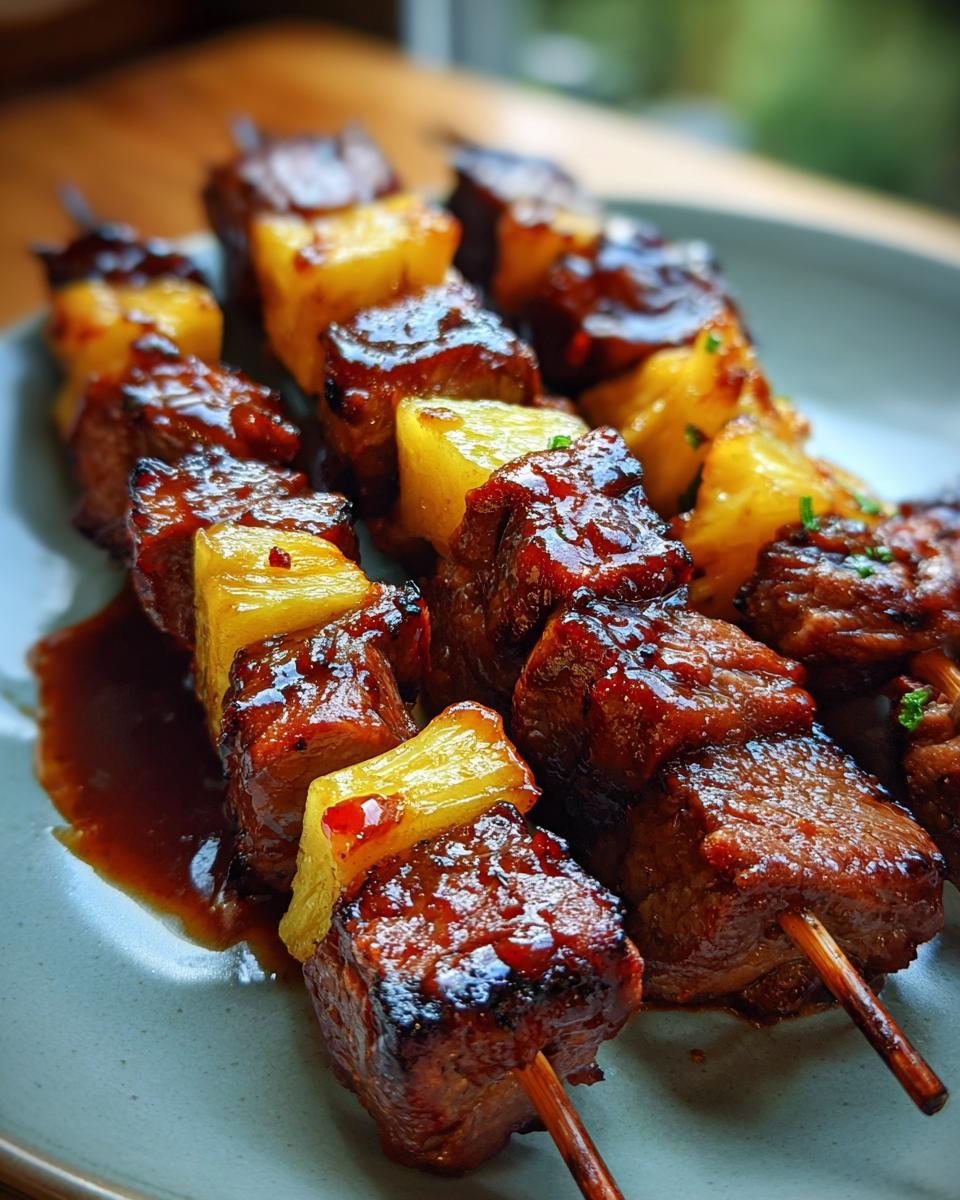 Close-up of delicious Pineapple BBQ Pork Skewers on a plate, ready to eat.
