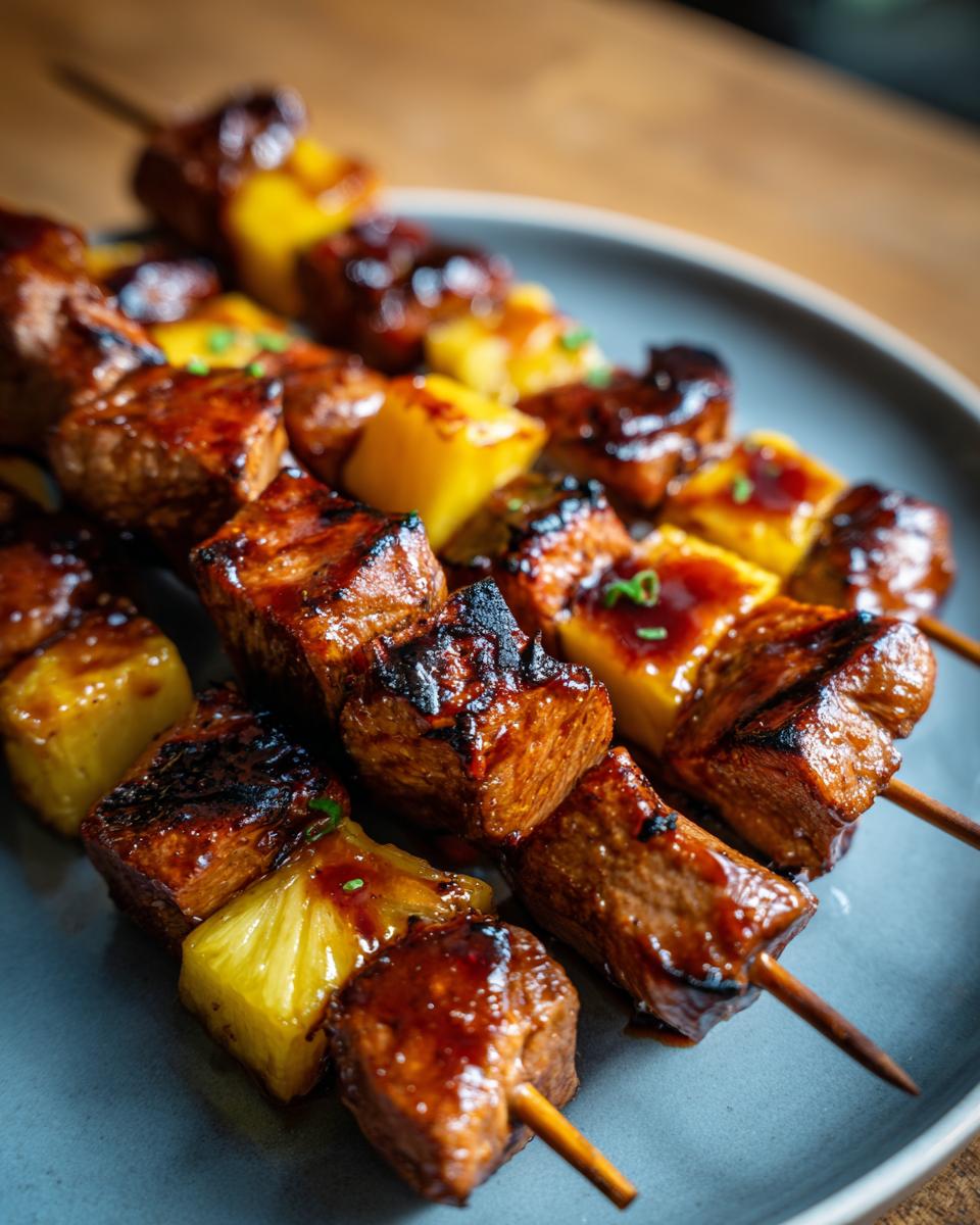 Close-up of delicious Pineapple BBQ Pork Skewers on a plate, grilled to perfection.