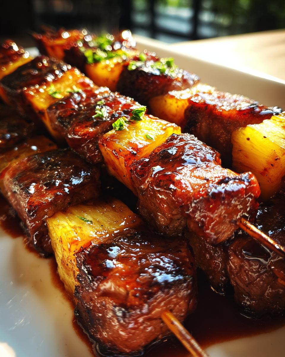 Close-up of delicious Pineapple BBQ Pork Skewers, grilled to perfection, with pineapple chunks.
