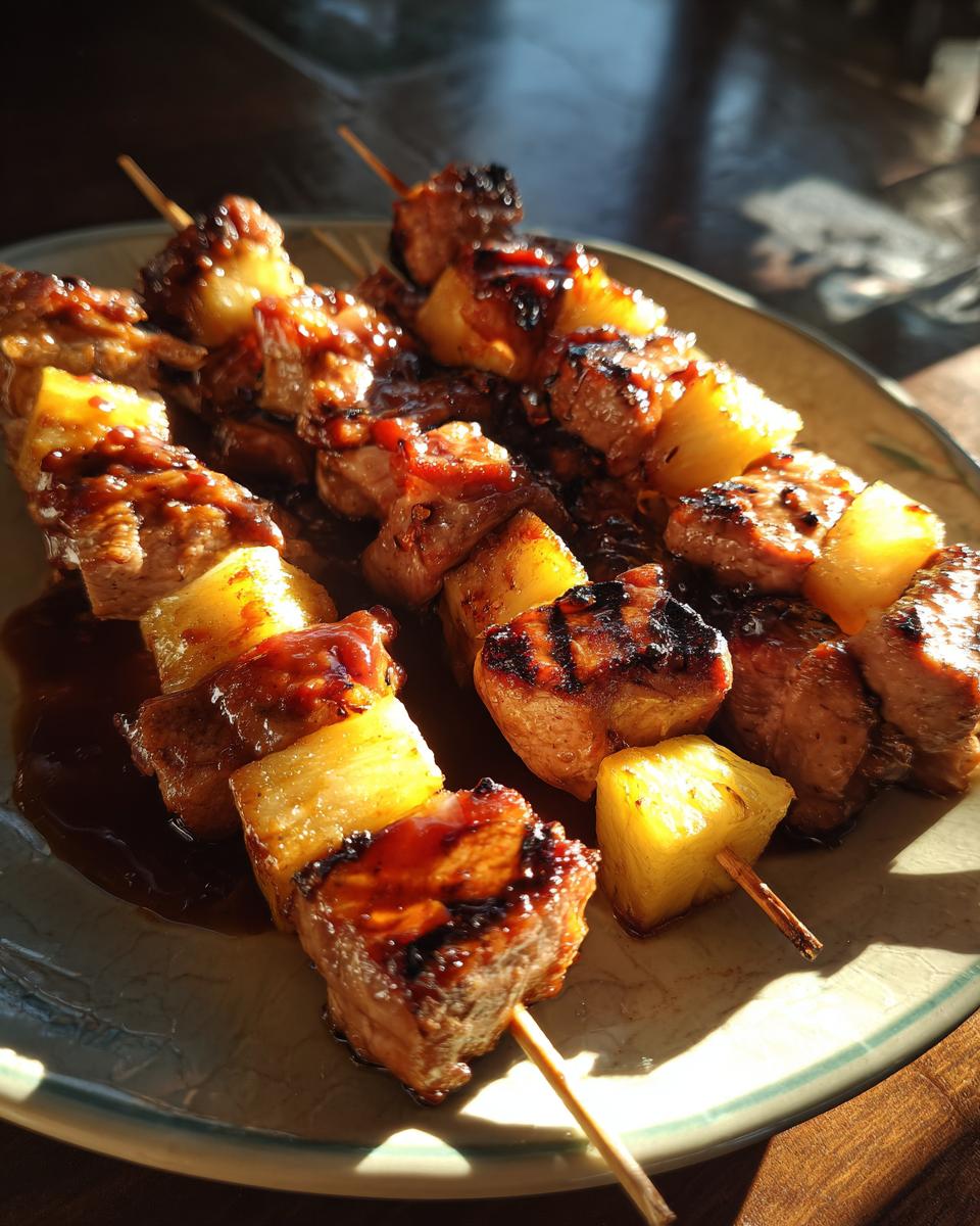 Close-up of grilled Pineapple BBQ Pork Skewers on a plate, showcasing juicy pork and pineapple.