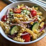 Close-up of a quick mediterranean pasta salad with tomatoes, cucumber, feta, and olives.